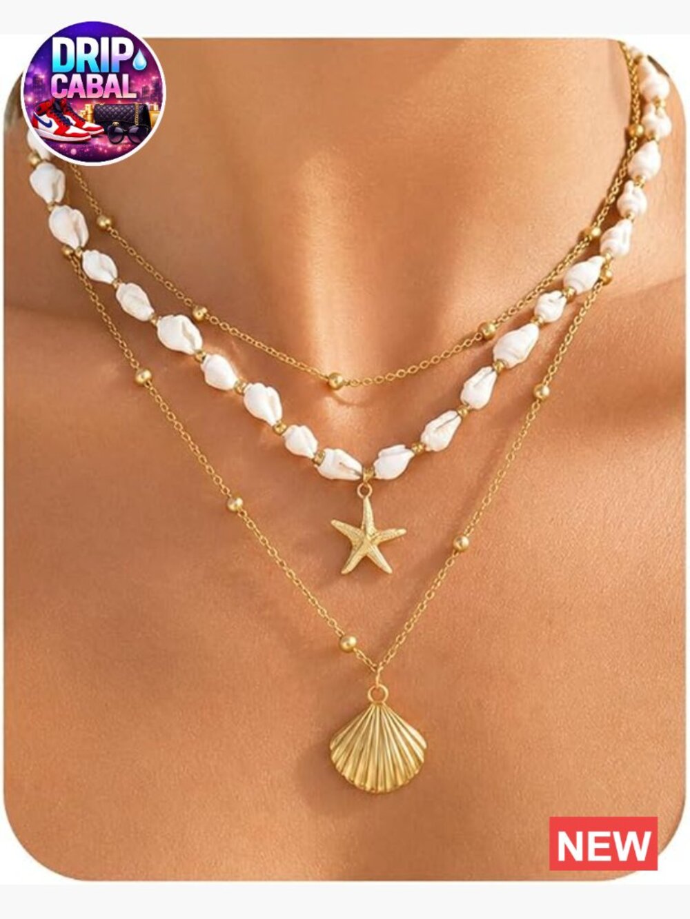 Starfish Seashell Necklace Set Non Tarnish Waterproof 14K Gold Layered Beach